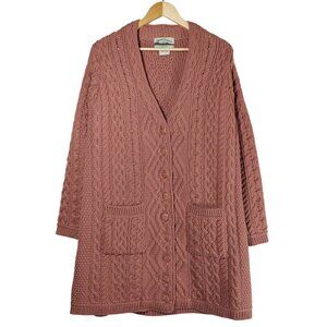 Aran Crafts 100% Merino Wool Cable Knit Long Cardigan Coat Rose/Mauve Cozy XL